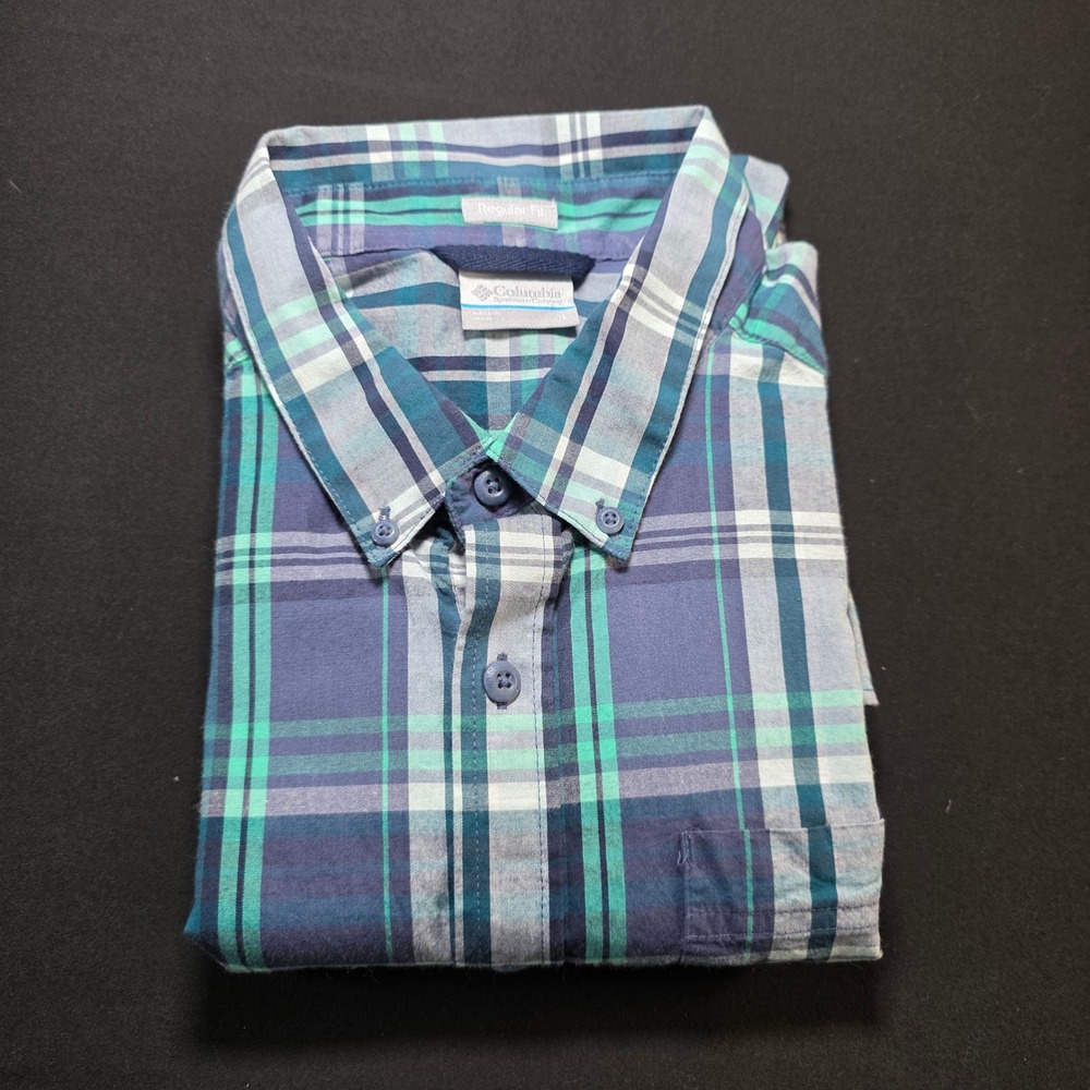 Columbia Mens Short Sleeve Plaid Button Down Shirt Blue Teal Regular Fit Large